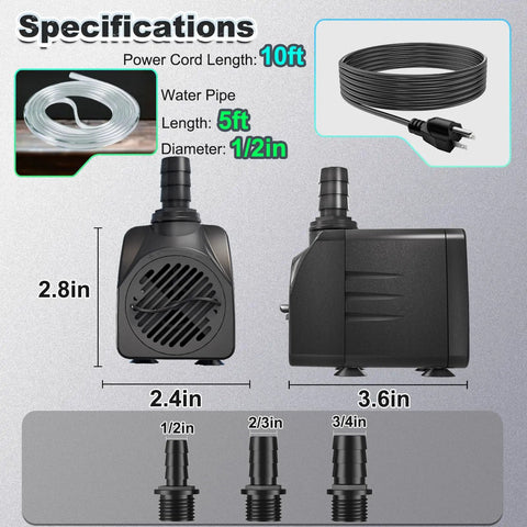 Front and side view of Quiet 25W Submersible Water Pump With 10 Foot Power Cord And 400GPH Flow, Tubing Included, size specifications