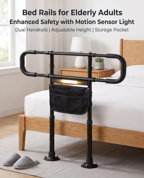 Motion Sensor Night Light Bed Rail For Seniors with non-slip handles beside a bed with adjustable height and dual handrails.