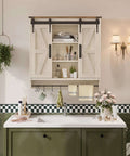 Farmhouse Style Medicine Cabinet With 2 Sliding Barn Doors, 3 Tier Rustic Wood Wall Storage, Antique White in a bathroom setting