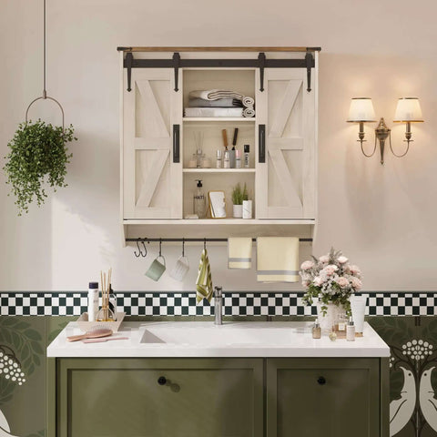 Farmhouse Style Medicine Cabinet With 2 Sliding Barn Doors, 3 Tier Rustic Wood Wall Storage, Antique White in a bathroom setting