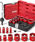 Bi Metal Hole Saw Kit For Metal And Wood, 16 Piece Deep Cut 48 Millimeter Set With Arbors In Solid Case, open view