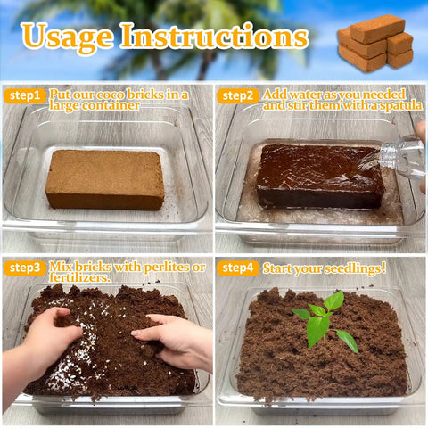 Two Pack Organic Coco Coir Bricks For Garden Soil 8x4x2 Inch Each 1.4 Lb 100 Percent Natural Coconut Pith And Fiber usage steps