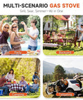 Collage of four scenarios: party, backyard, camping, and tailgating, highlighting the versatile use of the gas stove.