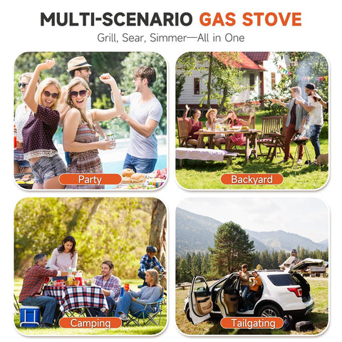 Collage of four scenarios: party, backyard, camping, and tailgating, highlighting the versatile use of the gas stove.