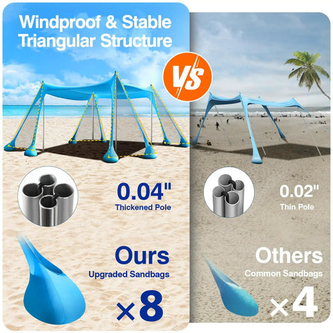 Beach Tent 10 By 10 Ft Portable Shade Shelter With 8 Sandbags, 4 Thickened Aluminum Poles, Windproof Ropes And UPF 50 Plus Sun Defense