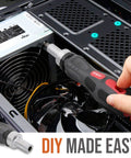 Using the 101 Pc Multi Bit Screwdriver And Ratcheting Handle Tool Set Kit With Quarter Inch Hex Bits inside a computer case.