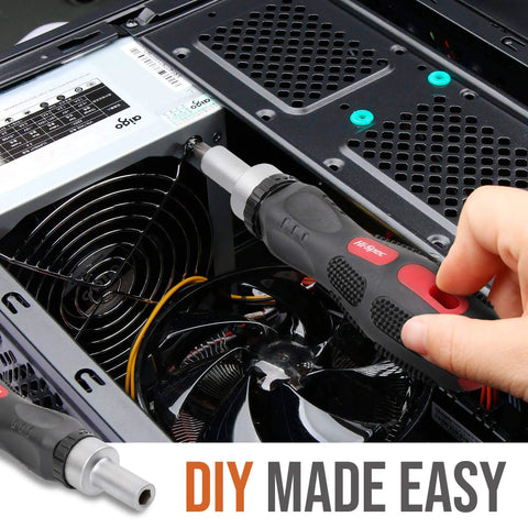 Using the 101 Pc Multi Bit Screwdriver And Ratcheting Handle Tool Set Kit With Quarter Inch Hex Bits inside a computer case.