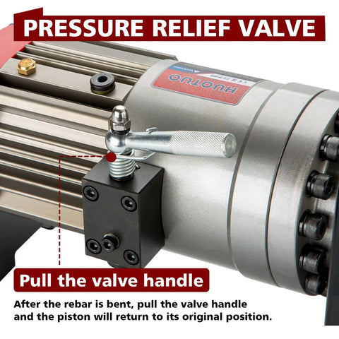Pro 110V Electric Hydraulic Rebar Bender For Construction Pros Solid Steel Body 1200W Motor pressure relief valve close-up.