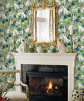 Interior with Jade Good Dog Peel And Stick Wallpaper By Printfresh Collab showing ceramic dog statues, green garden scene, and mirror.