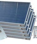 5 Panel Hybrid Solar Water Heater Kit Single Row Design Straight Up Energy Saver with five solar collector panels and accessories.