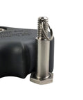 Close-up of Arborist Rope Brake And Fall Arrestor with Rubberized Cover and Removable Cam Lock, stainless steel detail.