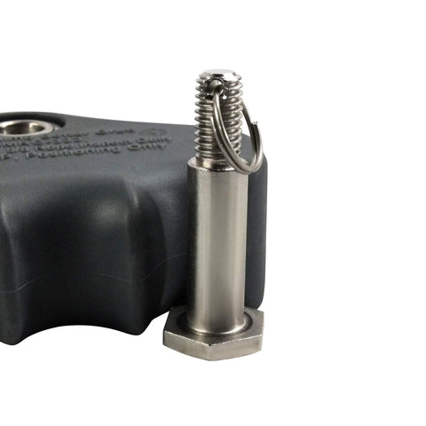 Close-up of Arborist Rope Brake And Fall Arrestor with Rubberized Cover and Removable Cam Lock, stainless steel detail.