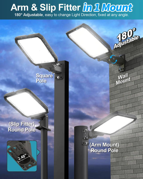 LED Parking Lot Light With Selectable 150W 180W 200W 4000K 5000K 5700K Tunable Color 32000 Lumens IP65 on arm and slip fitter mount
