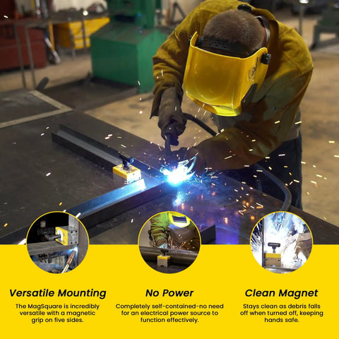 Welder using 150 Lb Switchable Magnetic Workholding Squares Two Pack For Welding And Fabrication Value Bundle on metal bench