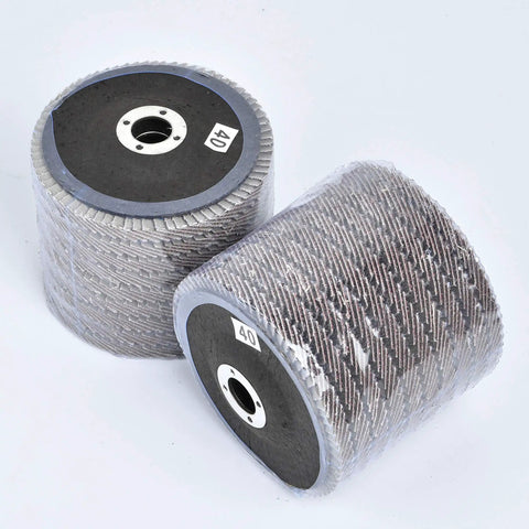 Close-up of 4 Inch Flap Discs Set For Angle Grinders, 20 Pcs Assorted Grit 40 60 80 120, labeled grit 40, premium aluminum oxide material.