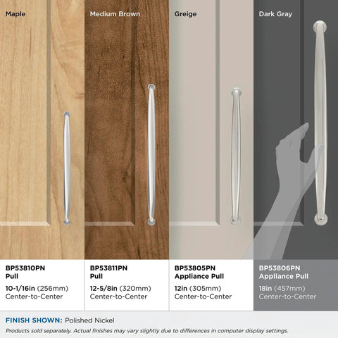 Polished Nickel Kane Appliance Pull Nineteen And A Quarter Inch Overall Length Eighteen Inch Center To Center One Pack Drawer Pull comparison on various cabinet finishes.