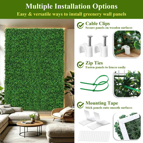 28 Pack Artificial Grass Wall Panels 10x10 Inch Faux Boxwood Privacy Screen UV Resistant For Indoor Outdoor DIY Setup on wall