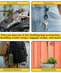 Top Tier Badass Rugged Zinc Alloy Swivel Trigger Snaps 2.67 Inch Single Sided Clips in use for a pet leash, keychain, backpack and hanging plant.