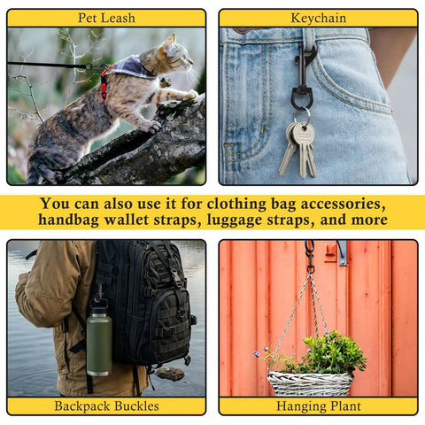 Top Tier Badass Rugged Zinc Alloy Swivel Trigger Snaps 2.67 Inch Single Sided Clips in use for a pet leash, keychain, backpack and hanging plant.
