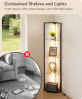 Go To Space Saving Floor Lamp With Built In Table And Shelves, standing in corner with illuminated shelves, holding headphones