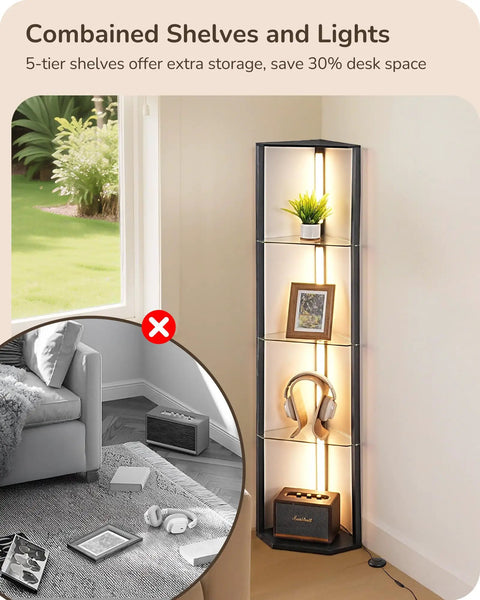 Go To Space Saving Floor Lamp With Built In Table And Shelves, standing in corner with illuminated shelves, holding headphones