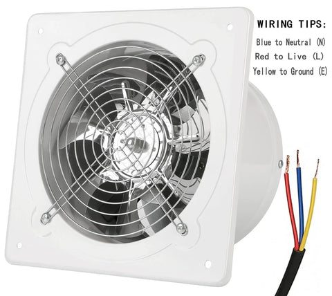 6 Inch Wall Mounted Exhaust Fan For Garage And Home Use With Backdraft Damper Delivers 308 CFM For Quick Ventilation In Attic Basement And Commercial Spaces Heavy Duty And Energy Efficient 42W 110V White front view with wiring tips