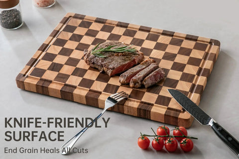 Real Deal Acacia Wood Checkered Cutting Board With Deep Juice Grooves And Solid Handles Large 17 Inch used for slicing meats and veggies.