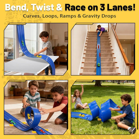 Children playing with Triple Lane Flexible Race Track For Kids, 20Ft Roll-Up DIY Racetrack with Strong Suction Cups, indoor and outdoor use.