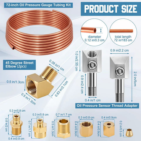 4 Pack 72 Inch Oil Pressure Gauge Tubing Kit With Sensor Adapter, brass fittings, 45 Degree Elbow, NPT threads, product sizes shown