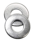 Two stainless steel flat fender washers, 1 in outer diameter, 0.080 in thick, 3/8 in hole