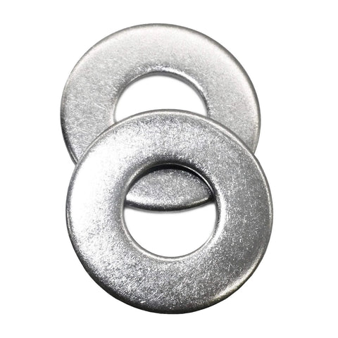 Two stainless steel flat fender washers, 1 in outer diameter, 0.080 in thick, 3/8 in hole