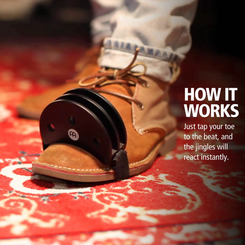 Foot Tambourine For Hands Free Percussion, Slip On Shoe Pad To Tap Your Foot And Accent Grooves, Ideal For Live Performances And Layering Beats While Your Hands Stay Free On Stage. on a shoe toe