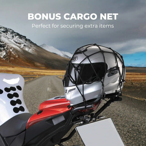 Motorcycle with helmet secured by bonus cargo net on scenic mountain road