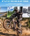 Adult Electric Bike With 1000W Brushless Motor 20Mph Peak pulls 16Inch slick wheels riding on rugged terrain.