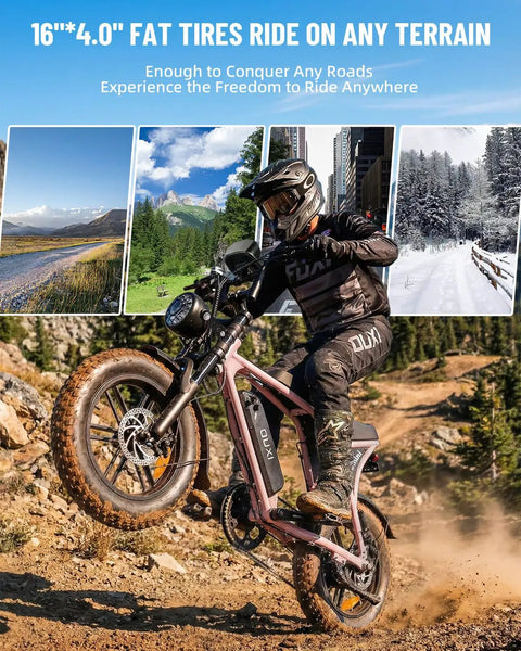 Adult Electric Bike With 1000W Brushless Motor 20Mph Peak pulls 16Inch slick wheels riding on rugged terrain.