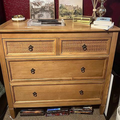 Wooden dresser with 4 Pack Brass Drawer Pulls Antique Brass Cabinet Ring Handles installed on four drawers