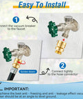 Instruction image showing installation of Self Draining Vacuum Breaker Anti Siphon Valve For Garden Hose Faucet With Washers And Sealing Tape Backflow Preventer For Outdoor Spigot Fine Thread Inlet One And One Sixteenth Inch Outlet Three Quarter Inch Male Hose Thread Replacement For PK1380.
