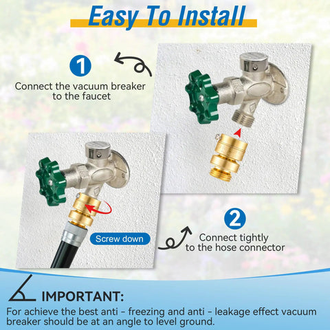 Instruction image showing installation of Self Draining Vacuum Breaker Anti Siphon Valve For Garden Hose Faucet With Washers And Sealing Tape Backflow Preventer For Outdoor Spigot Fine Thread Inlet One And One Sixteenth Inch Outlet Three Quarter Inch Male Hose Thread Replacement For PK1380.