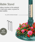 Fillable stand of the Solar Outdoor Bird Bath With Resin Pedestal Fountain In Green Yard Garden Decor 0.8 Gallon Basin Planter Base Feeder And Fillable Stand Weather Resistant Lantern Light For Nighttime Easy Setup For Bird Lovers, showing the interior chamber and pink flowers on the base.