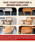 Before and after images of a wooden table and chairs treated with Top Shelf Water Based Wood Stain In Rich Teak Tone.