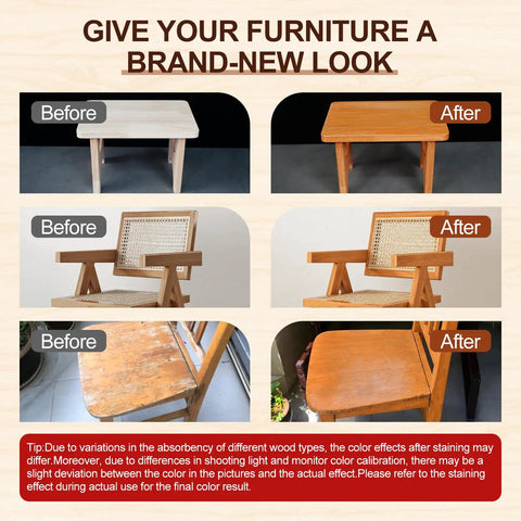 Before and after images of a wooden table and chairs treated with Top Shelf Water Based Wood Stain In Rich Teak Tone.
