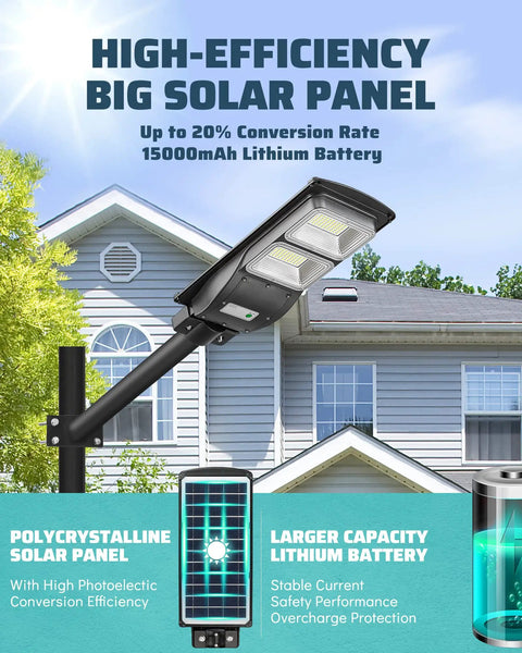 High-efficiency 2 Pack 2400W Solar Powered Street Lights With 6000K LED mounted on pole in yard with house in background