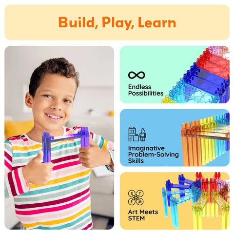 Child using 12 Piece Magnetic Support Column Expansion Pack For Race Track And Marble Run Builders Magnetic Tile Construction Kit