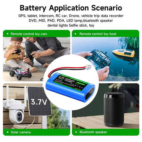 Applications of Two Pack 5200mAh 3.7V Lithium Ion Battery With JST PH 2.54mm Plug for RC toys, solar cameras, and Bluetooth speakers