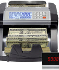 V1800 Money Counter With Color Coded Dual TFT Display showing notes being counted, counterfeit detection active, 1000 notes/min speed.