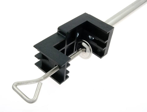 Go-To 27 Inch Telescoping Rotary Tool Holder With Table Clamp For Flex Shaft Hanger Stand, Perfect DIY Setup For Crafting And Metalworking, Durable Stainless Steel Rod, Stable, Handy Tool Support. Table clamp close-up with stainless rod
