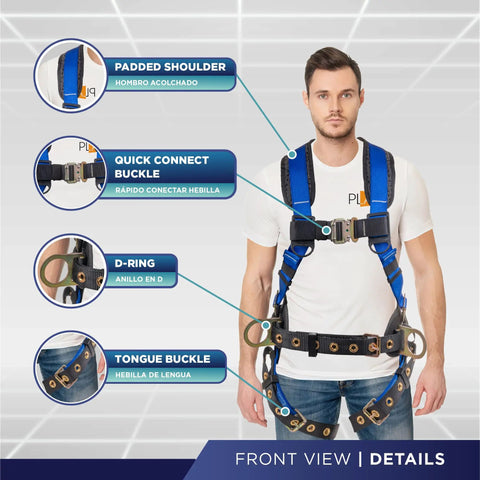 Full Body 5 Point Fall Protection Harness With Padded Back Support Pro Grade Quick Connect Buckles Grommet Leg Straps Back And Side D Rings Blue XLG OSHA ANSI Roofing PPE For Industrial Worksite