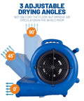 Max Storm 35 Industrial Air Mover with fan at 0, 45, and 90-degree angles for water damage flood restoration and carpet drying.