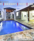 Pro Grade Solvent Based Concrete Sealer Builds A Killer Matte Wet Look Finish On Brick Flagstone And Slate Masonry surrounding a pool area.