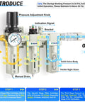 Diagram of Beefy Heavy Duty 0 to 240 PSI Three Quarter Inch NPT Air Drying System with filtration stages, regulator, and manual drain.